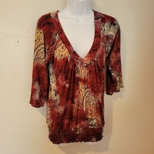Agenda Medium Deep V-neck Blouse Burgundy Red Beige Black Pattern Paisley Floral
